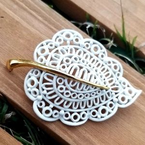 Vintage Monet Open Metal Work White Leaf Brooch